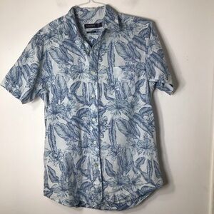 Nautica short sleeve button up men medium blue linen floral vacation